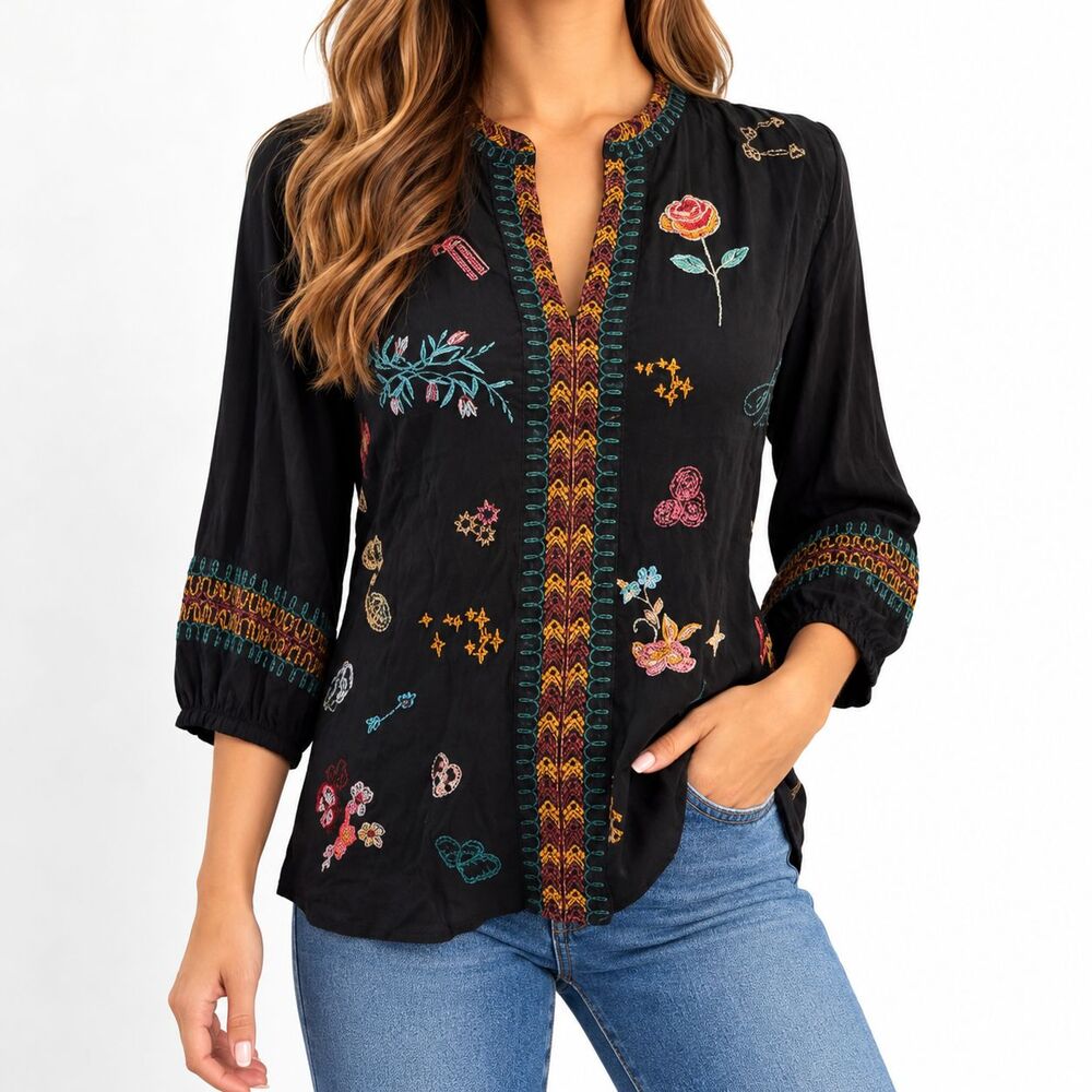 Kyla Seo Boho Embroidered Floral Tunic Blouse Black Multicolor Womens Indie